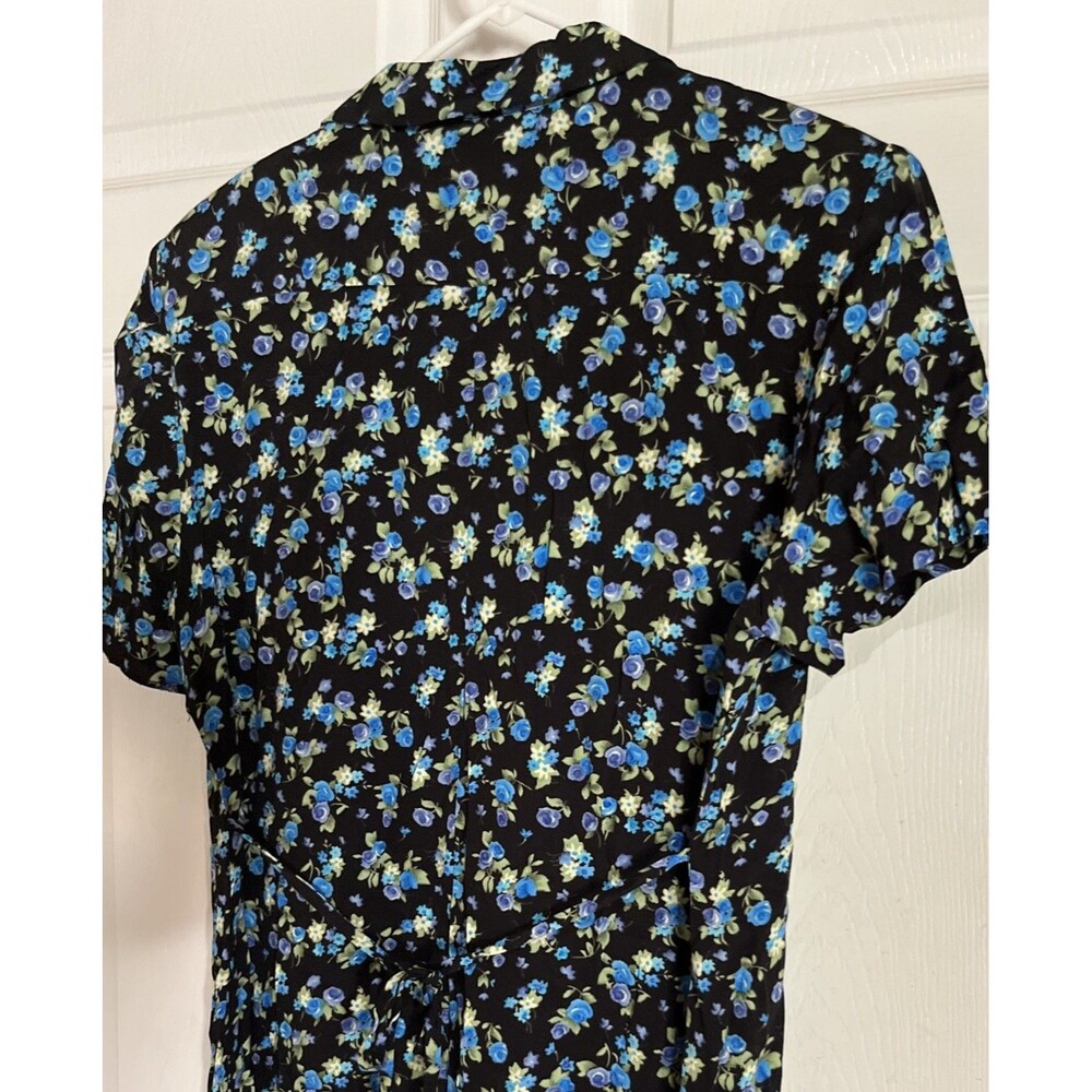 R&K Women's Black Floral Maxi Midi Dress Size 16 Blue Roses Short Sleeve Collar - Picture 7 of 7